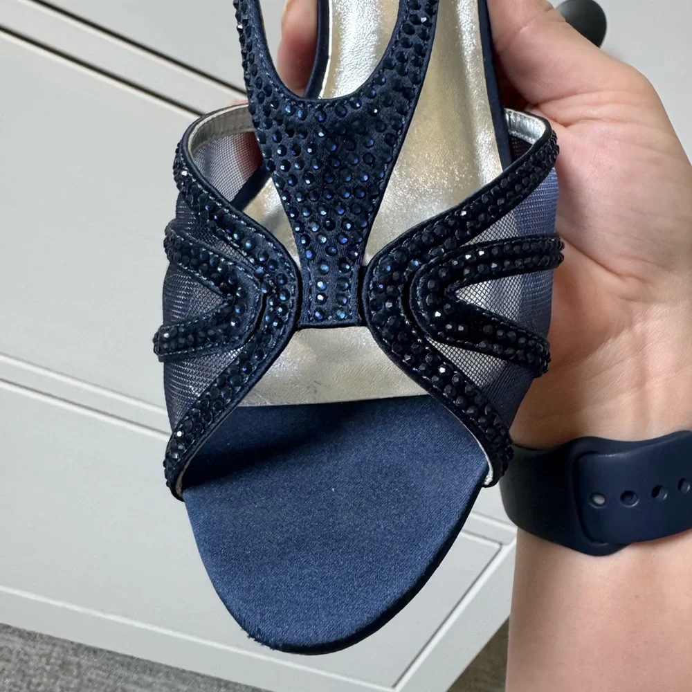 David Tate Navy Satin Open-Toe Crystal Slingback Heels - Picture 6 of 10